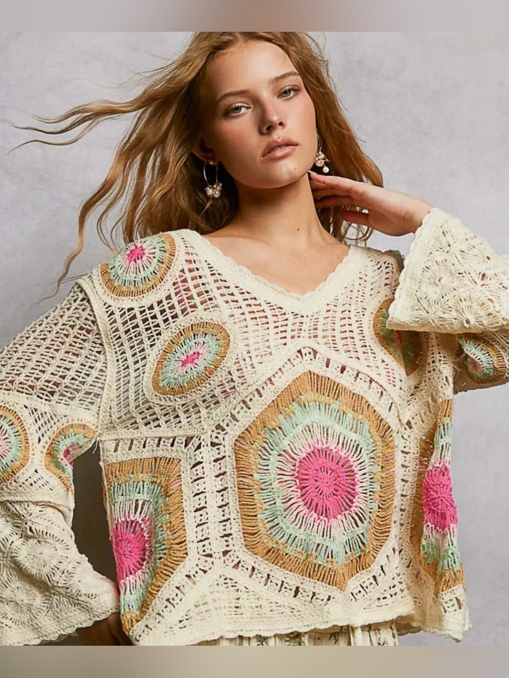 Crochet Boho V-Neck Sweater with Pink & Mint Motifs
